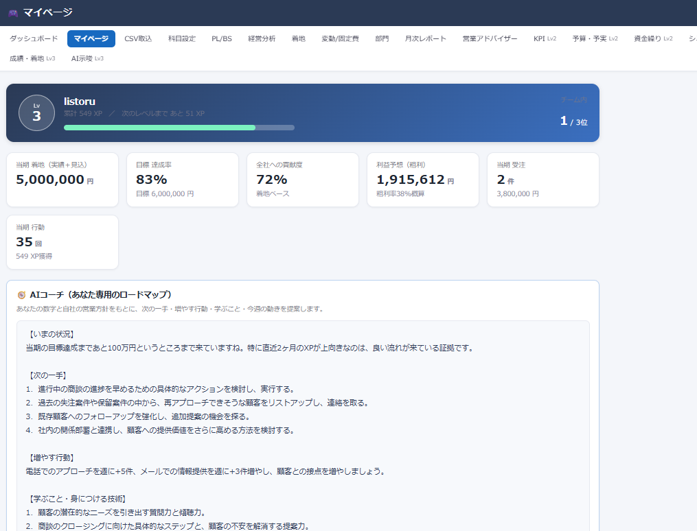 「自分の成績」画面のスクリーンショット