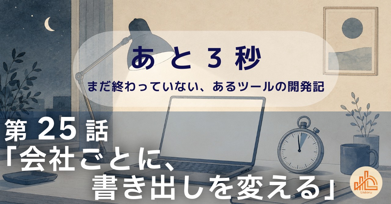 リストル：フォームリーチツール開発奮闘記　あ と 3 秒― まだ終わっていない、あるツールの開発記 ―第25話「会社ごとに、書き出しを変える」